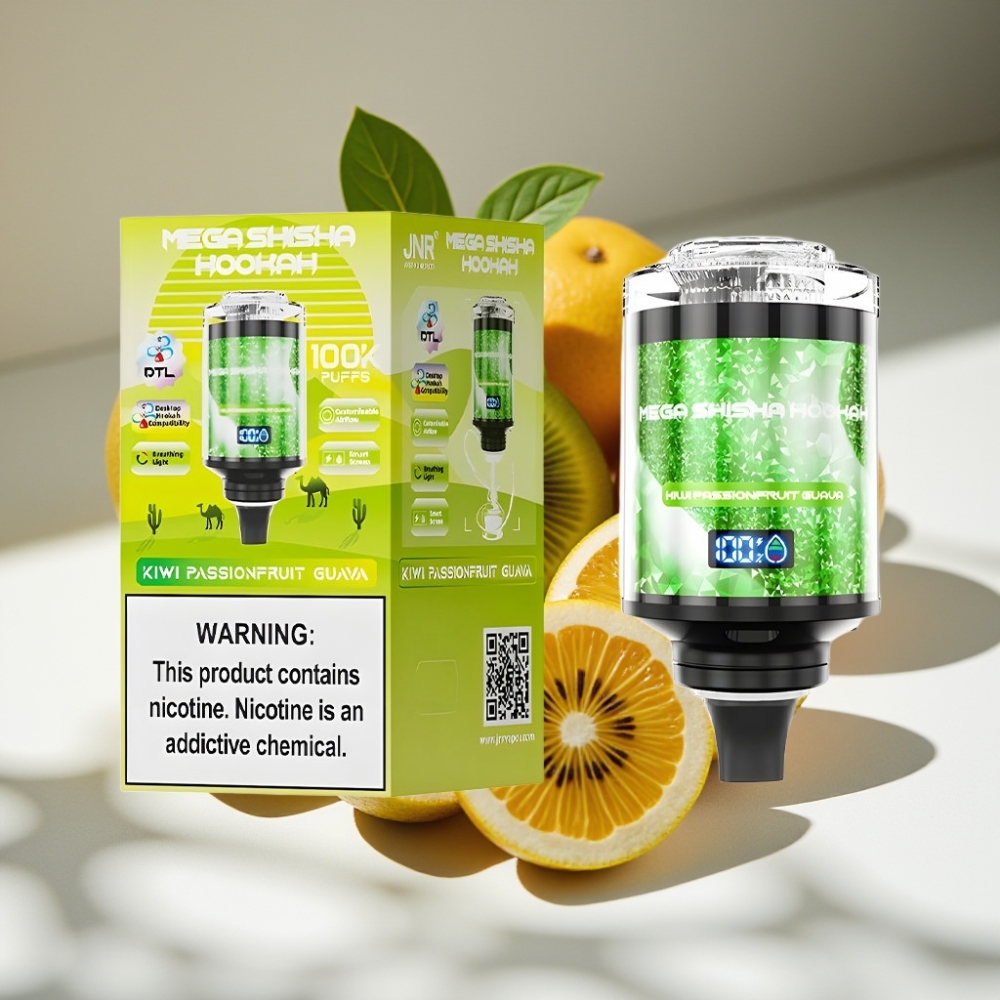 JNR Mega Shisha Hookah 100K Desktop Compatibility with 60mL e-Liquid & 2200mAh Battery – Kiwi Passionfruit Guava
