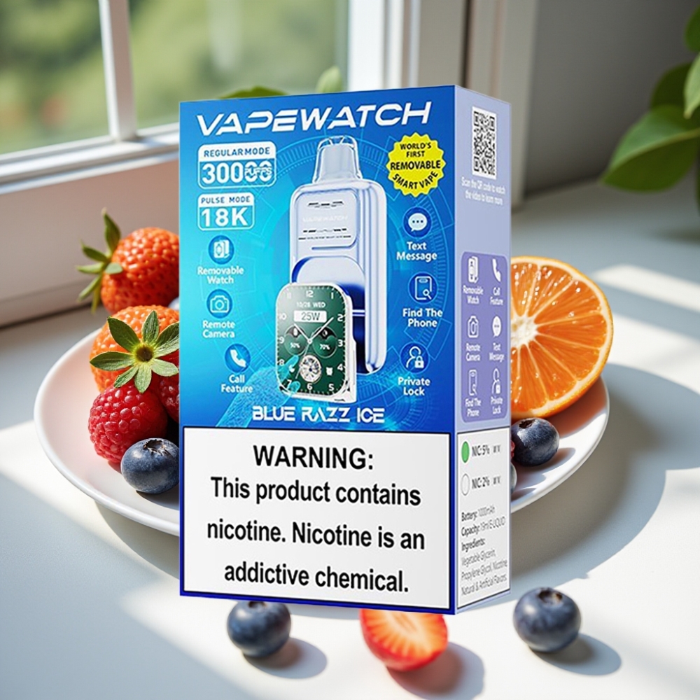 JNR VapeWatch 30000 Puffs Disposable Vape Blue Razz Ice – 19mL, Dual Mesh Coil, Type-C Quick Charge