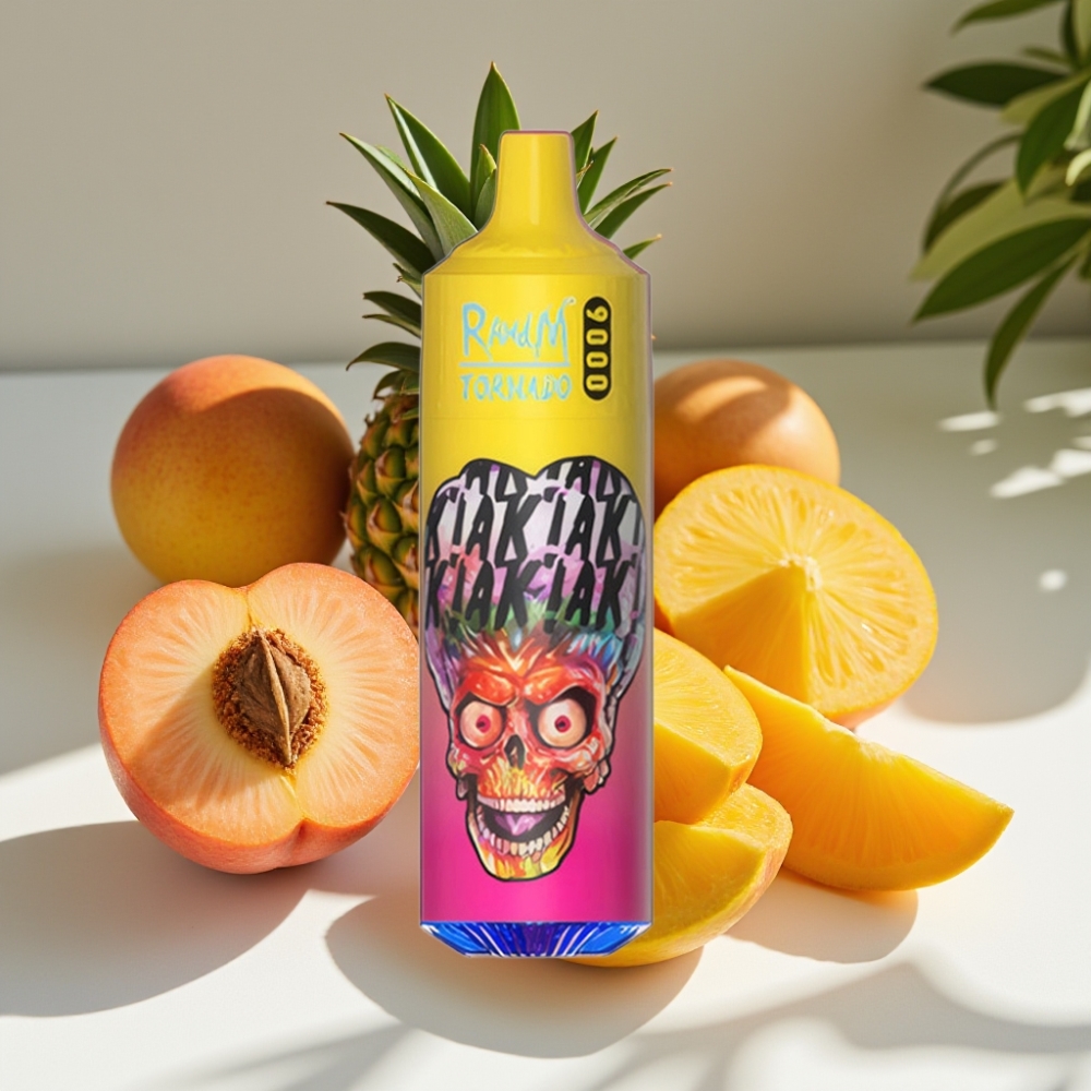 RandM Fumot Tornado 9000 Puffs Disposable Vape - 18mL Mesh Coil, RGB Display, Peachy Mango Pineapple