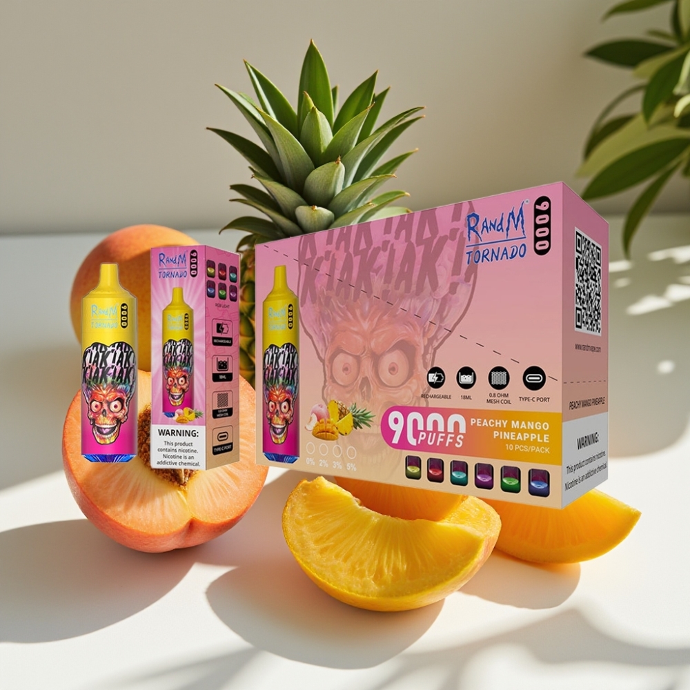 RandM Fumot Tornado 9000 Puffs Disposable Vape - 18mL Mesh Coil, RGB Display, Peachy Mango Pineapple