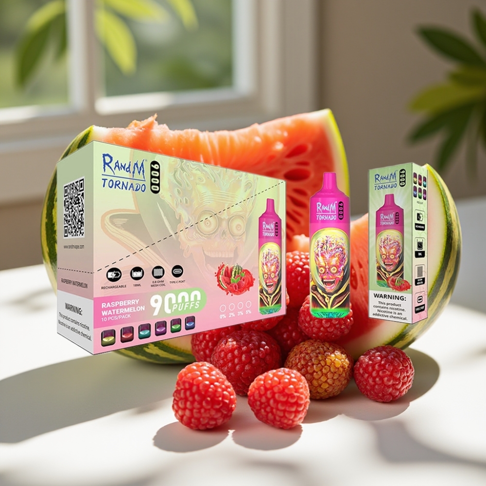 RandM Fumot Tornado 9000 Puffs Disposable Vape - 18mL Mesh Coil, RGB Display, Raspberry Watermelon