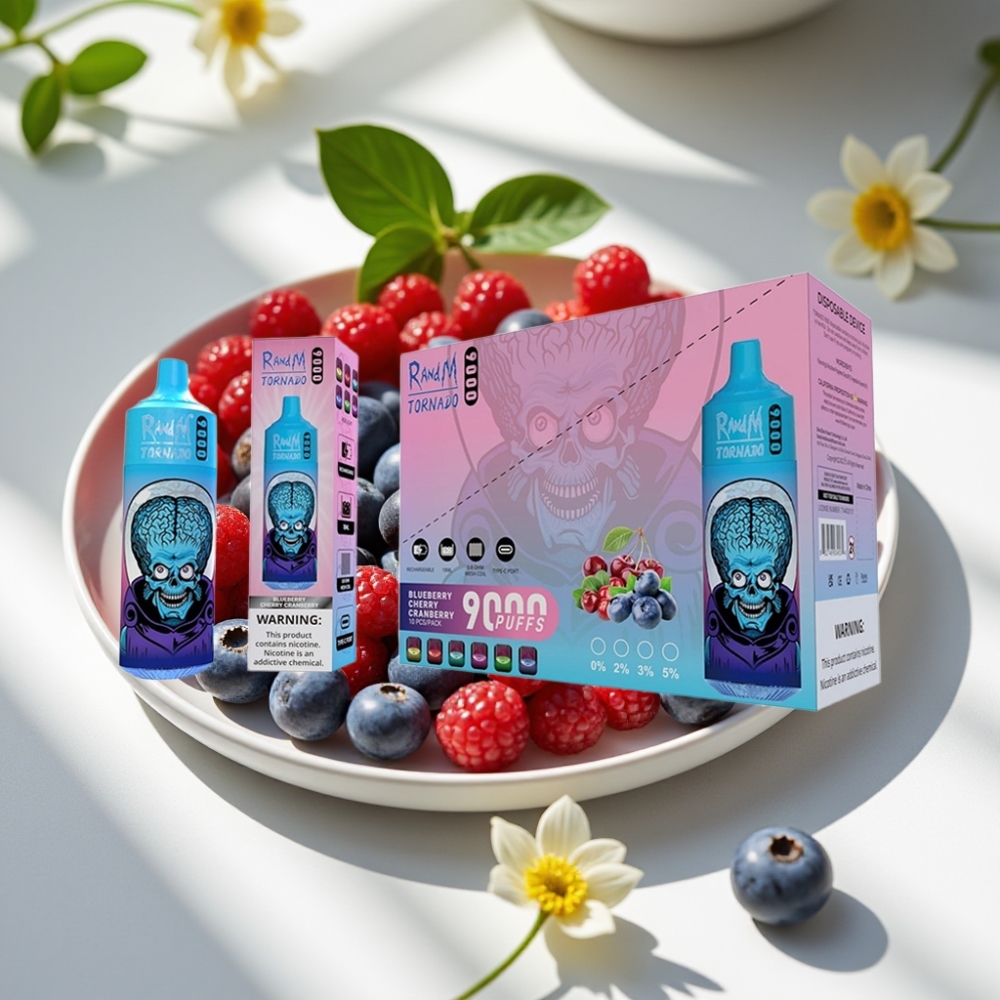 RandM Fumot Tornado 9000 Puffs Rechargeable Mesh 18mL RGB Disposable Vape Blueberry Cherry Cranberry
