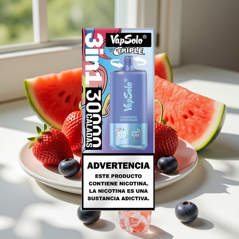 VapSolo Triple 30000 Puffs Disposable Vape – 40ml E-Liquid, Type-C Charging, Strawberry Watermelon & Blueberry Ice