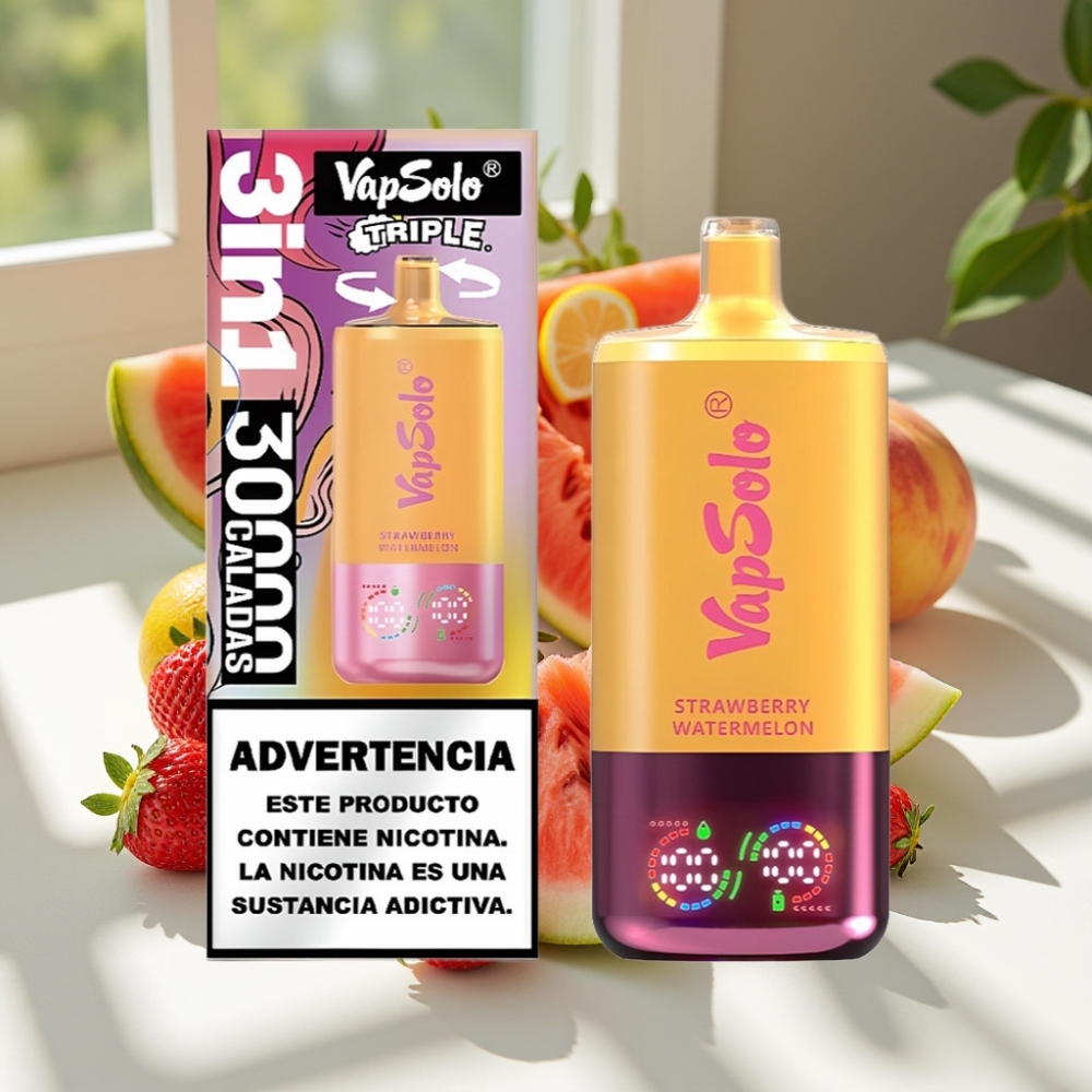 VapSolo Triple 30000 Puffs Disposable Vape – 40ml, Type-C, Strawberry Watermelon & Lemon Peach