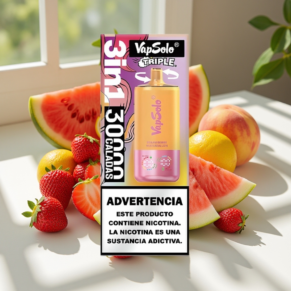 VapSolo Triple 30000 Puffs Disposable Vape – 40ml, Type-C, Strawberry Watermelon & Lemon Peach